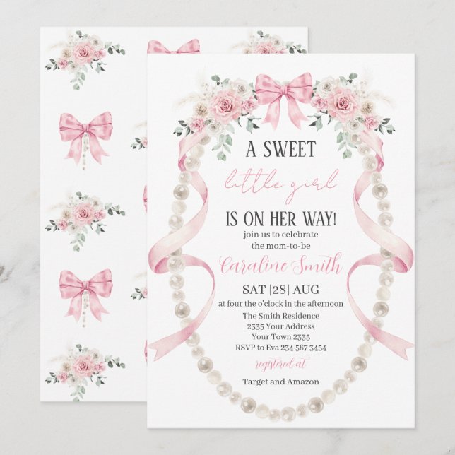 Invitación Ducha de bebé niña floral dulce (Anverso / Reverso)
