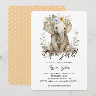 Invitación Ducha de Bebé Niña Floral Durazno Elefante Acuarel