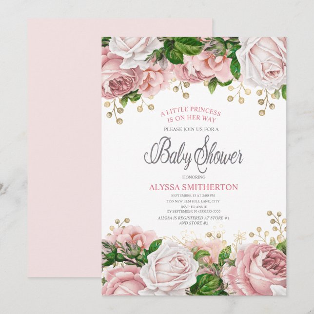 Invitación Ducha de Bebé Niña Floral Rosa Dorado (Anverso / Reverso)