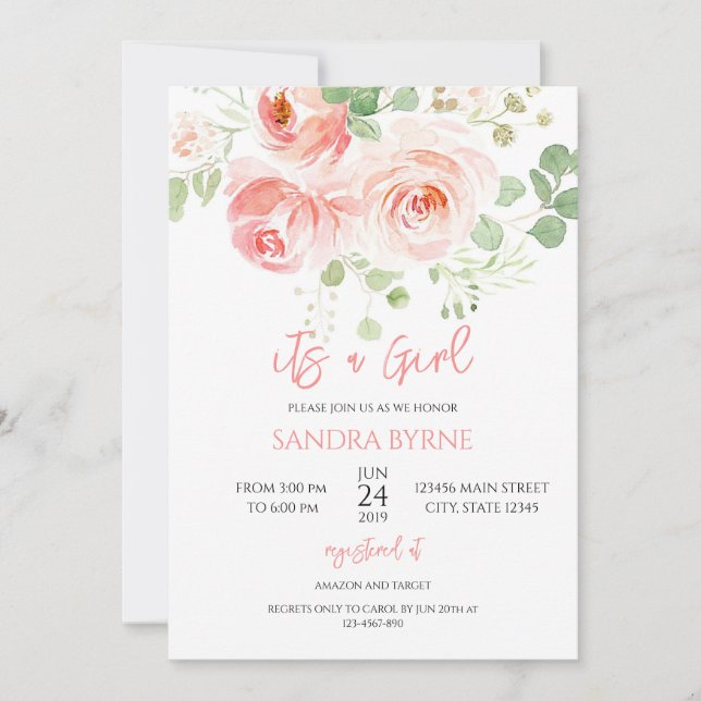 Invitación Ducha de Bebé Niña Floral Rosa Rubor (Anverso)