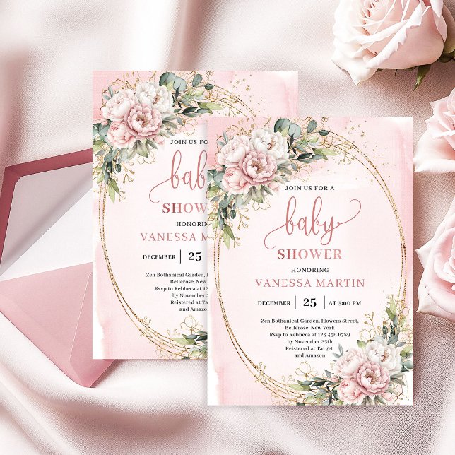Invitación Ducha de bebé niña floral verde boho dulce rubor (Sweet Blush Floral Greenery Girl Baby Shower Invite)