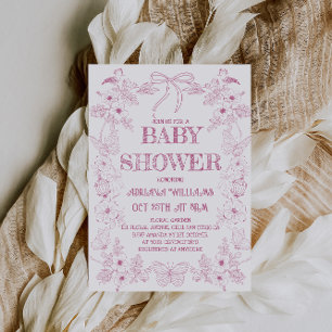 Invitación Ducha de bebé niña flores de toile rosa blanco