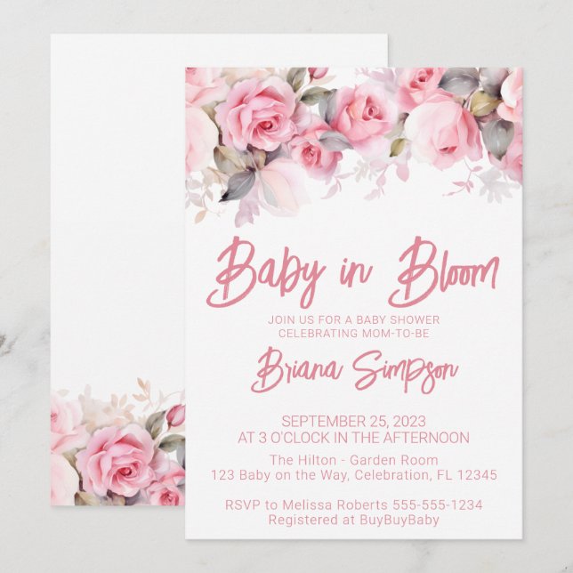Invitación Ducha de Bebé Niña Flores Rosas (Anverso / Reverso)