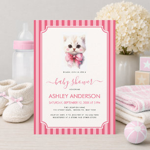 Invitación Ducha de Bebé Niña Gatito Dulce Lazo Rosa y Rayas