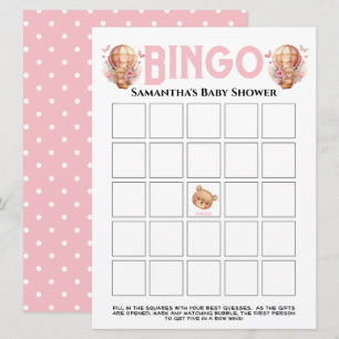 Invitación Ducha de bebé niña Globo de Teddi rosa Bingo