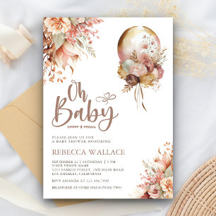 Invitación Ducha de Bebé Niña Globo Floral Boho Terroso