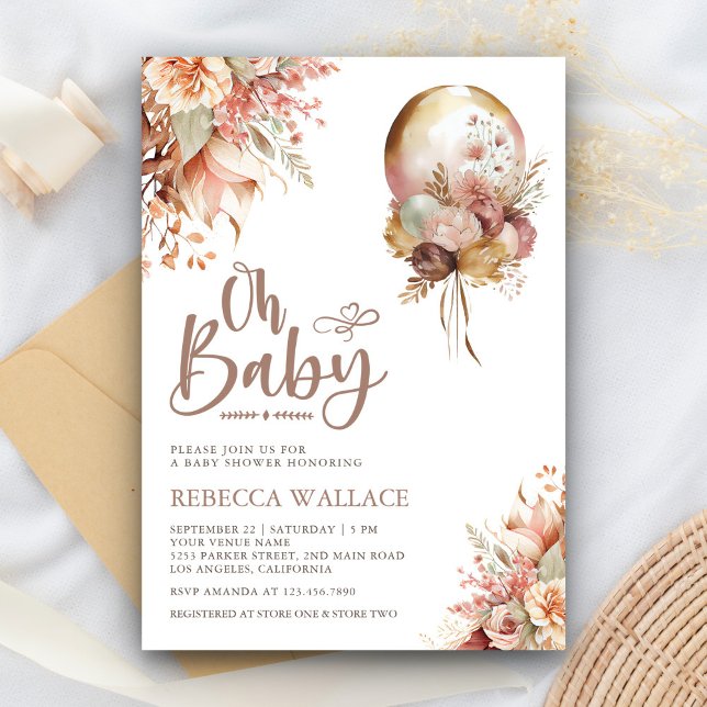 Invitación Ducha de Bebé Niña Globo Floral Boho Terroso (Subido por el creador)