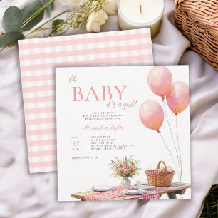Invitación Ducha de Bebé Niña Globos Rosados Flores Silvestre