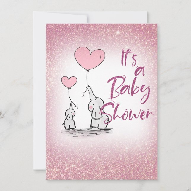 Invitación Ducha de Bebe Niña Gradiente Rosa Brillo Elefantes (Anverso)