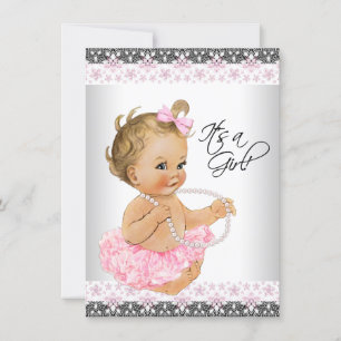 Invitación Ducha de Bebé Niña Gris y Encaje Rosa