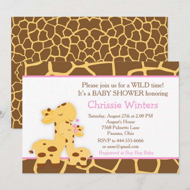 Invitación Ducha de Bebé Niña Jirafa Rosa (Anverso / Reverso)