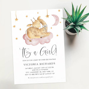 Invitación Ducha de Bebé Niña Jirafa Rosa Durmiendo