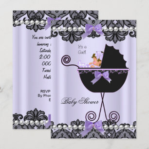 Invitación Ducha de Bebe Niña Lace Lavanda Púrpura Negro