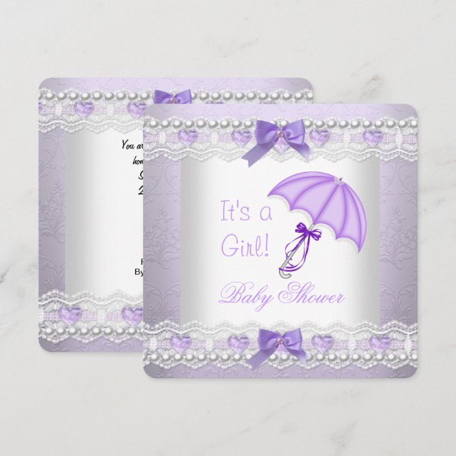 Invitación Ducha de Bebé Niña Lavanda Blanco Paraguas (Anverso / Reverso)