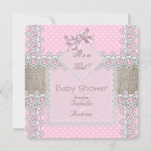 Invitación Ducha de bebé niña lazo de perla rosa puntos polka