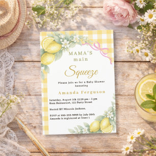 Invitación Ducha de bebé niña lazo rosa cuadros limón