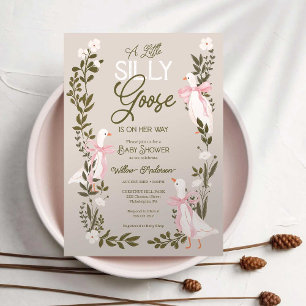 Invitación Ducha de Bebé Niña Lazo Rosa Ganso Tonto
