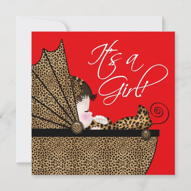 Invitación Ducha de Bebé Niña Leopardo Rojo (Anverso)
