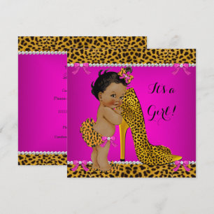 Invitación Ducha de Bebé Niña Leopardo Tacón Alto Rosa Étnico