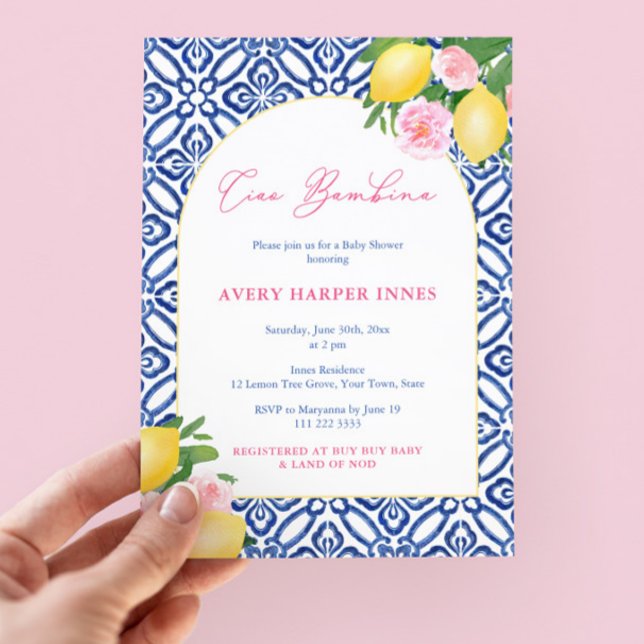 Invitación Ducha de Bebé Niña Limones Mediterráneos Rosa (Ciao Bambina! Pretty blue and pink citrus inspired girl baby shower invitation with trendy arch)
