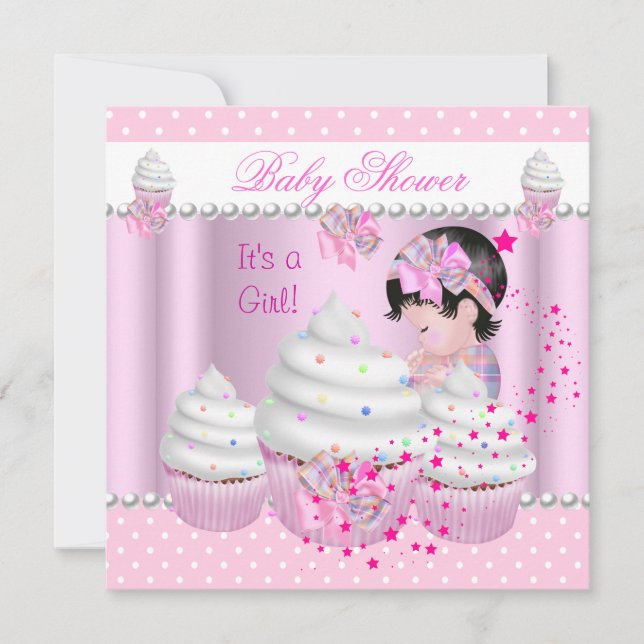 Invitación Ducha de Bebé Niña Linda Cupcake Rosado Sprinkle (Anverso)