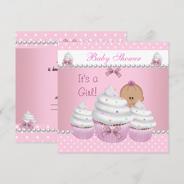 Invitación Ducha de Bebé Niña Linda Cupcake Sprinkle Rosa (Anverso / Reverso)