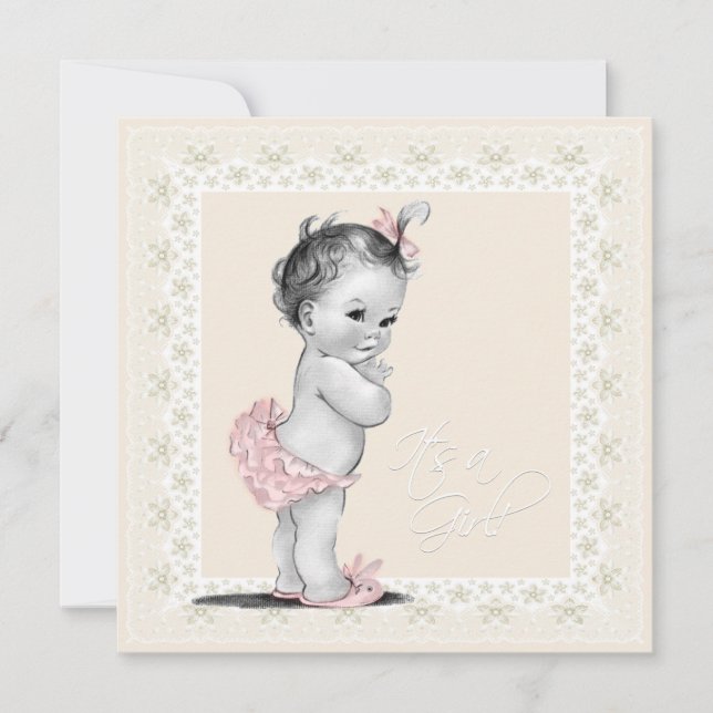 Invitación Ducha de bebé niña marfil y rosa (Anverso)