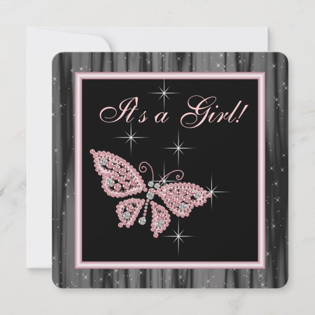 Invitación Ducha de Bebé Niña Mariposa Joya Rosa Negra (Anverso)