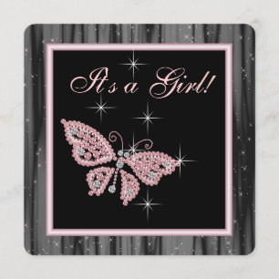 Invitación Ducha de Bebé Niña Mariposa Joya Rosa Negra