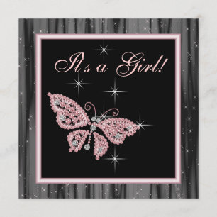 Invitación Ducha de Bebé Niña Mariposa Joya Rosa Negra