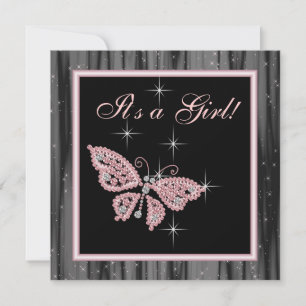 Invitación Ducha de Bebé Niña Mariposa Joya Rosa Negra