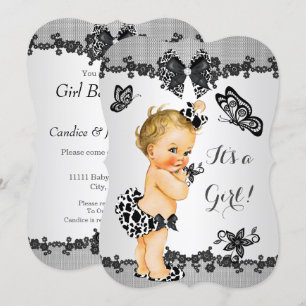 Invitación Ducha de bebé niña mariposa negro blanco rubia
