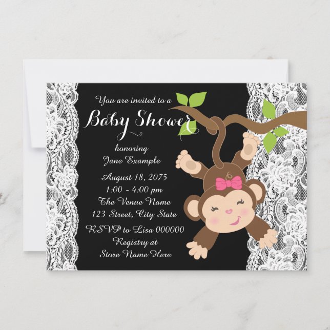 Invitación Ducha de bebé niña mono de encaje blanco (Anverso)