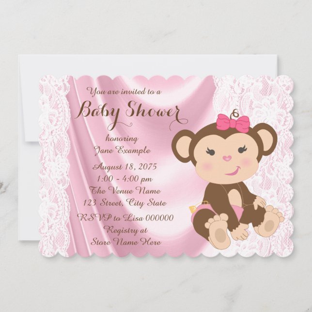Invitación Ducha de Bebé Niña Mono de Encaje Rosa (Anverso)