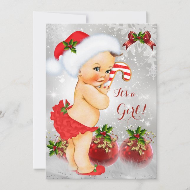 Invitación Ducha de Bebé Niña Navidad Blanca Roja Verde (Anverso)