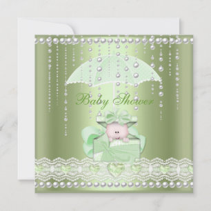Invitación Ducha de Bebé Niña Niño Bebé Menta Paraguas Perla