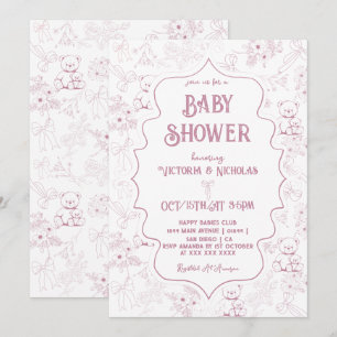 Invitación Ducha de Bebé Niña Oso de Tela Rosa Polvorienta