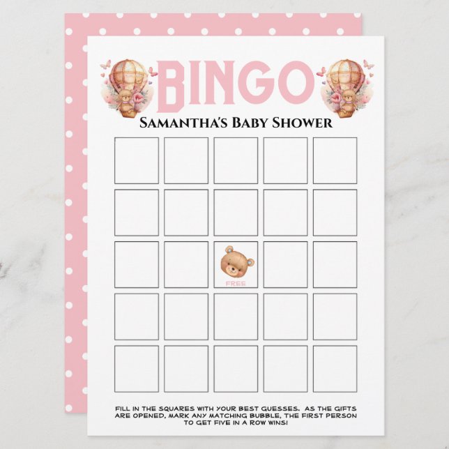 Invitación Ducha de bebé niña Oso globo rosa Bingo  (Anverso / Reverso)