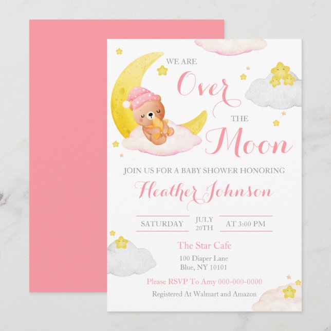 Invitación Ducha de Bebé Niña Oso Sobre La Luna (Anverso / Reverso)