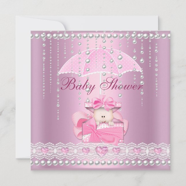 Invitación Ducha de Bebé Niña Paraguas Rosa Perla Blanco (Anverso)