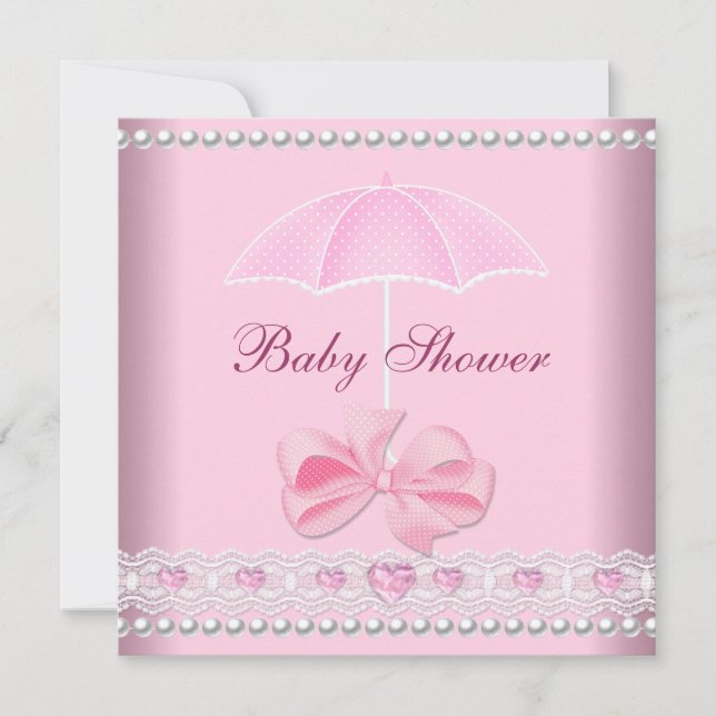 Invitación Ducha de Bebé Niña Paraguas Rosa Perla Encaje (Anverso)