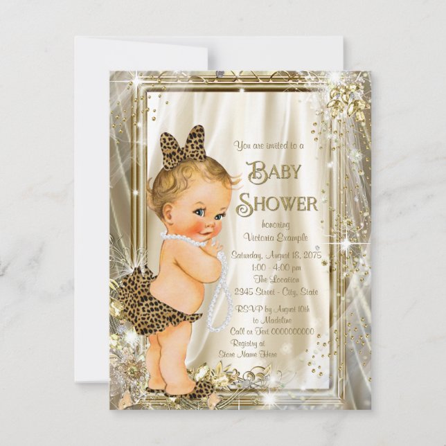 Invitación Ducha de Bebé Niña Perla Leopardo Linda (Anverso)