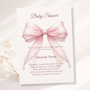 Invitación Ducha de bebé niña perlas de marfil rosa elegantes