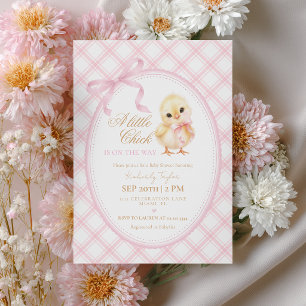 Invitación Ducha de Bebé Niña Pollito Coqueto Lazo Rosa