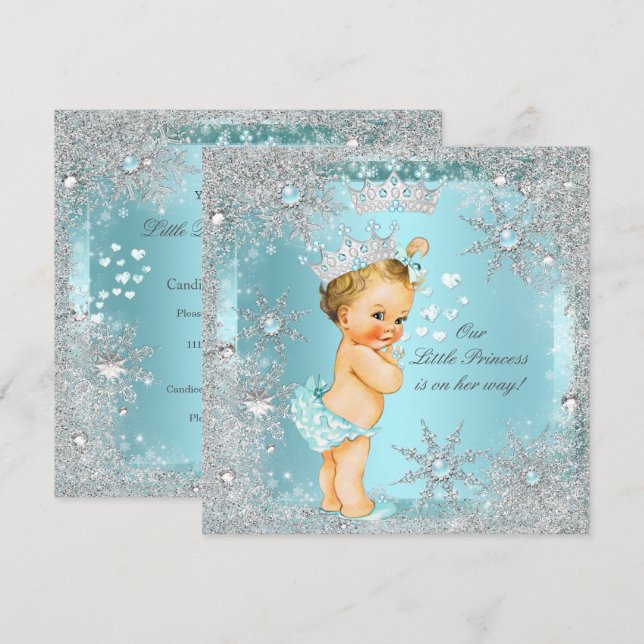 Invitación Ducha de Bebé Niña Princesa Azul Turquesa Corazone (Anverso / Reverso)