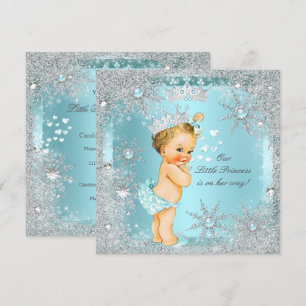 Invitación Ducha de Bebé Niña Princesa Azul Turquesa Corazone