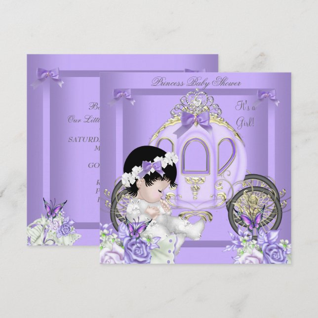 Invitación Ducha de bebé niña princesa carruaje lavanda (Anverso / Reverso)