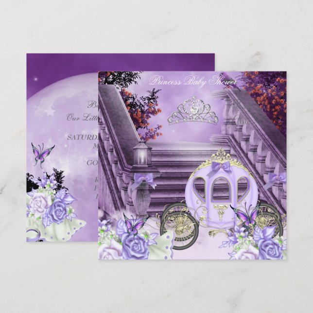 Invitación Ducha de bebé niña princesa carruaje lavanda (Anverso / Reverso)