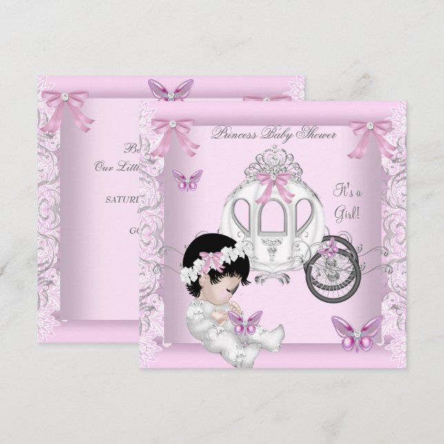 Invitación Ducha de Bebé Niña Princesa Carruaje Mariposa (Anverso / Reverso)