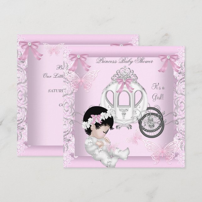 Invitación Ducha de Bebé Niña Princesa Carruaje Mariposa (Anverso / Reverso)